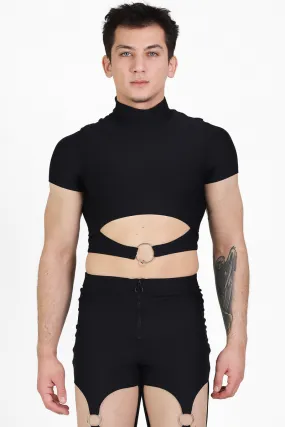 Black Men's Cut Out Crop Top with Rings