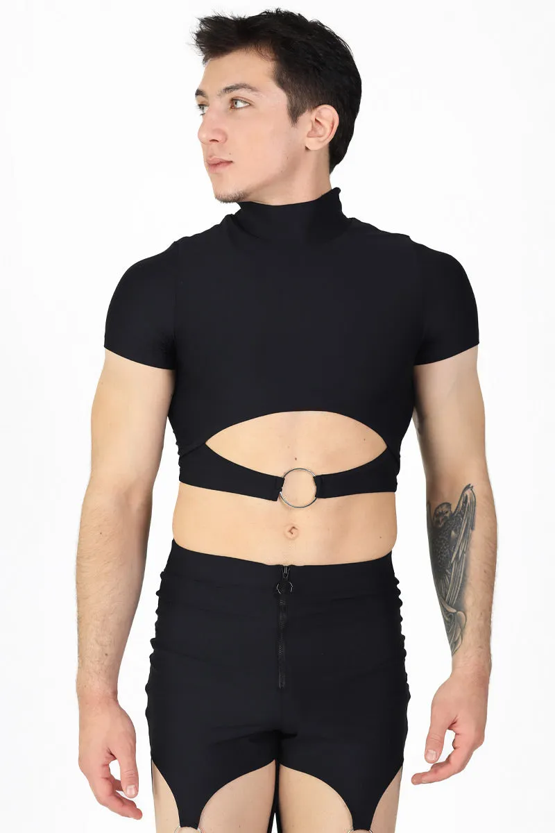 Black Men's Cut Out Crop Top with Rings
