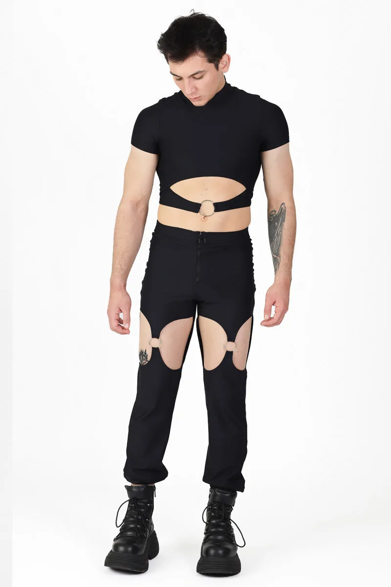 Black Men's Cut Out Crop Top with Rings