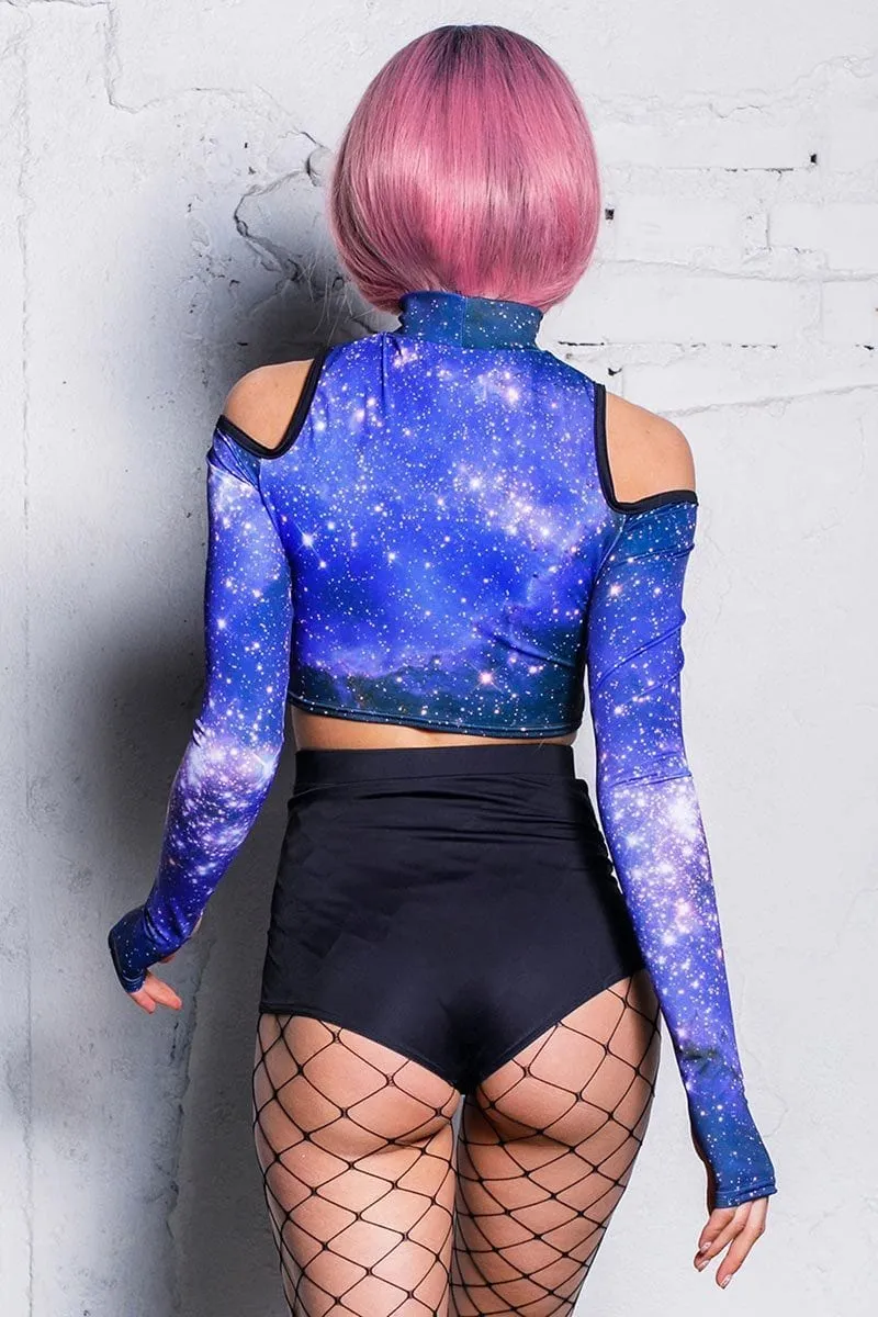 Blue Galaxy Cold Shoulder Crop Top