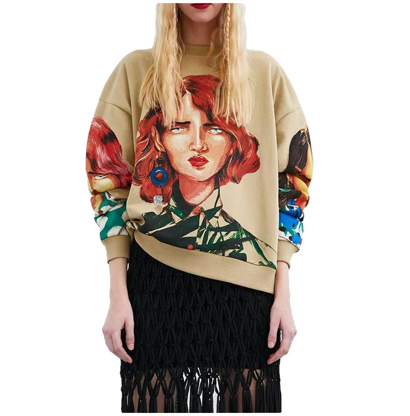 Character Print Sweatshirt O Neck Long Sleeve Pullover Knitted Over-Sized Hoodie Sweatshirts For Women