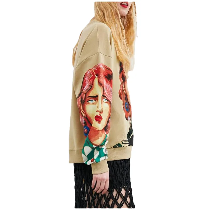 Character Print Sweatshirt O Neck Long Sleeve Pullover Knitted Over-Sized Hoodie Sweatshirts For Women