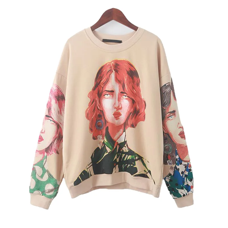 Character Print Sweatshirt O Neck Long Sleeve Pullover Knitted Over-Sized Hoodie Sweatshirts For Women