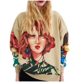 Character Print Sweatshirt O Neck Long Sleeve Pullover Knitted Over-Sized Hoodie Sweatshirts For Women