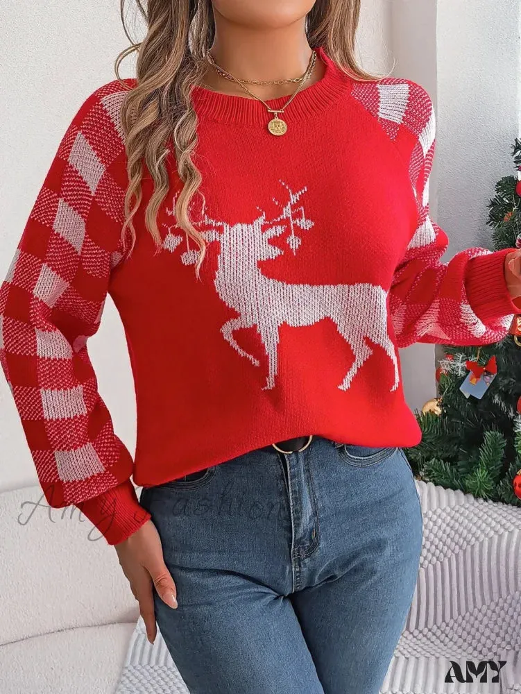 Checkered Deer Long Sleeve Hoodie Red Green Knitted Pullover Christmas Sweater