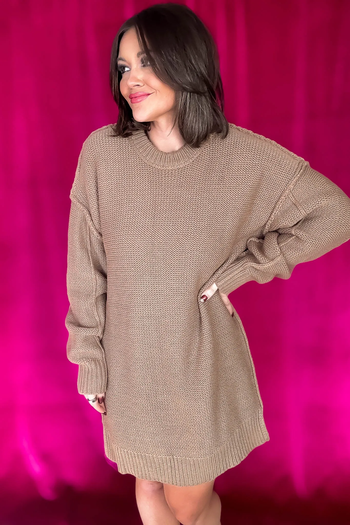Chunky Mocha Round Neck Oversized Sweater Mini Dress