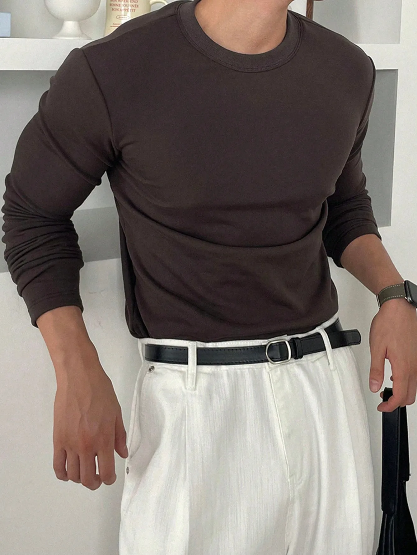 DAZY 1pc Men's Solid Color Fleece Lined Casual Thermal T-Shirt, Suitable For Autumn/Winter