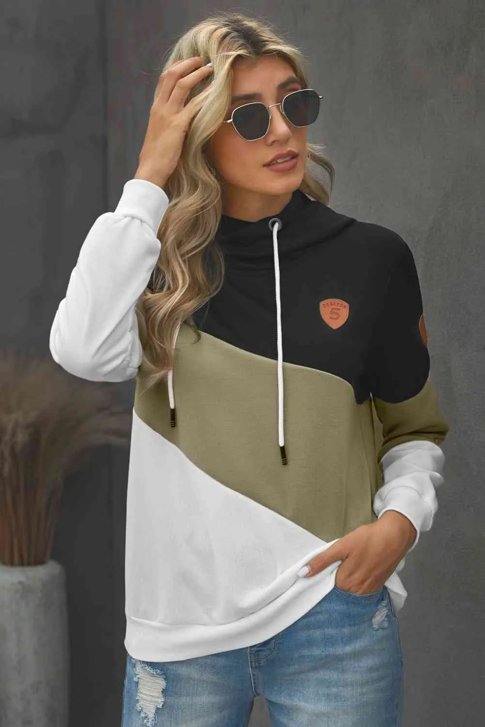 Full Size Range Color Block Cowl Neck Hoodie