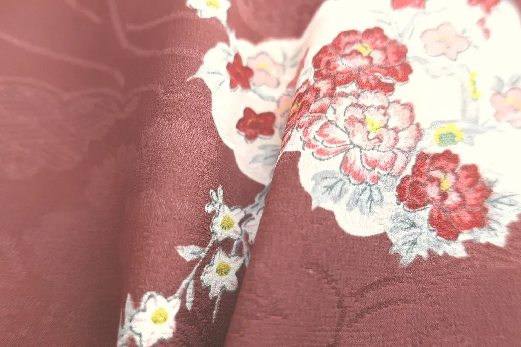 Haori Jacket Vintage(1920-1950) Brown Plum blossom Maple Leaf Kinsha Silk #8299C2