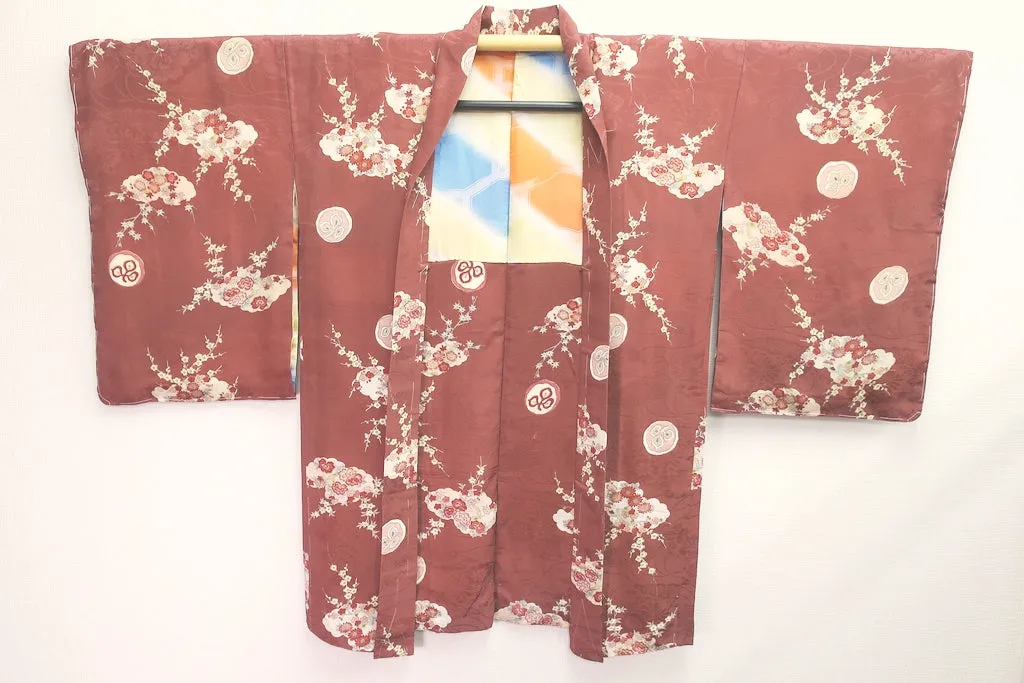 Haori Jacket Vintage(1920-1950) Brown Plum blossom Maple Leaf Kinsha Silk #8299C2