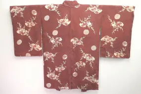 Haori Jacket Vintage(1920-1950) Brown Plum blossom Maple Leaf Kinsha Silk #8299C2