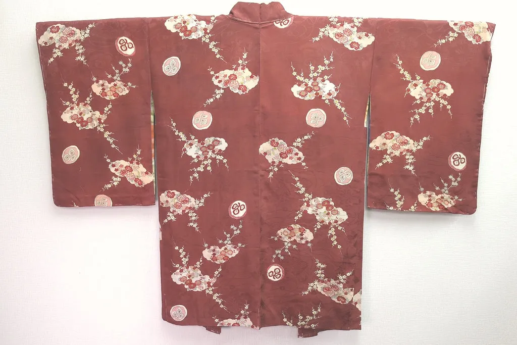 Haori Jacket Vintage(1920-1950) Brown Plum blossom Maple Leaf Kinsha Silk #8299C2
