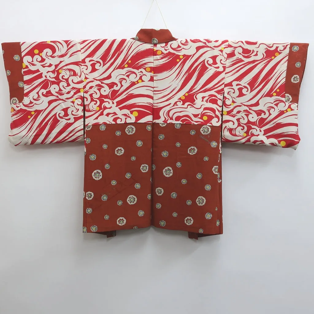 Haori Jacket Vintage(1920-1950) Light Brown Flower Rinzu Silk #9079D2
