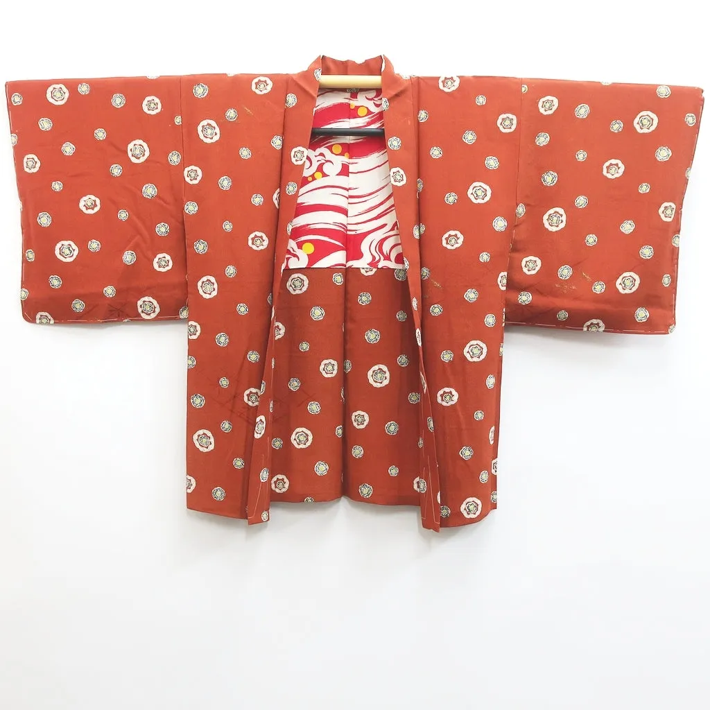 Haori Jacket Vintage(1920-1950) Light Brown Flower Rinzu Silk #9079D2