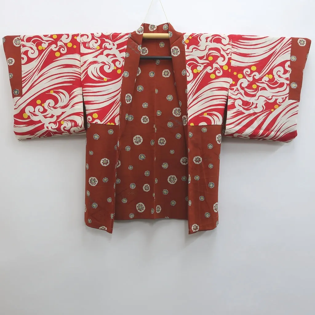Haori Jacket Vintage(1920-1950) Light Brown Flower Rinzu Silk #9079D2
