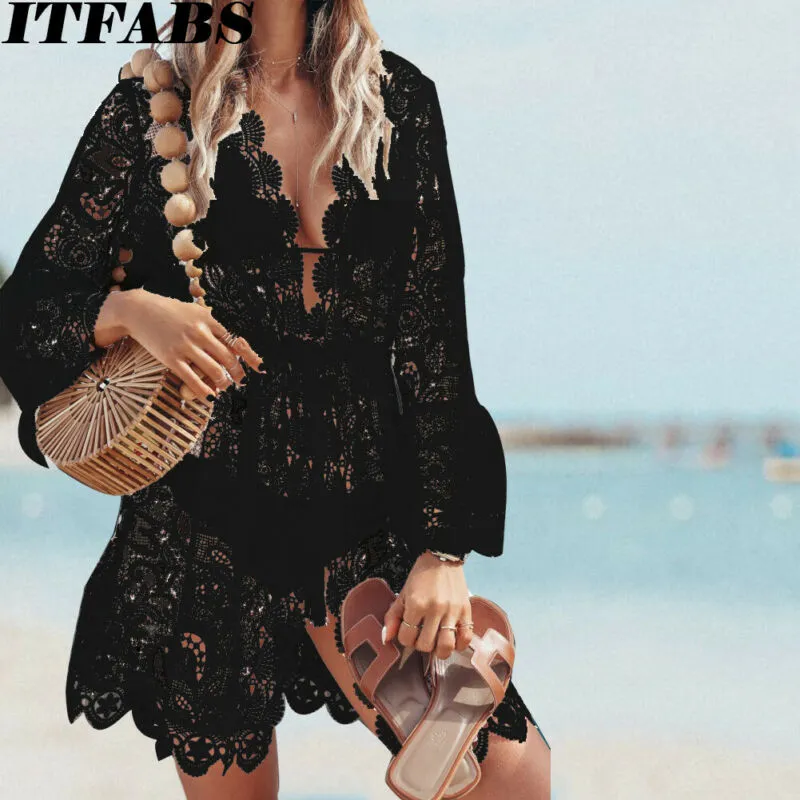 ITFABS   Floral Lace Bikini Cover-up Beach Dress White or Black