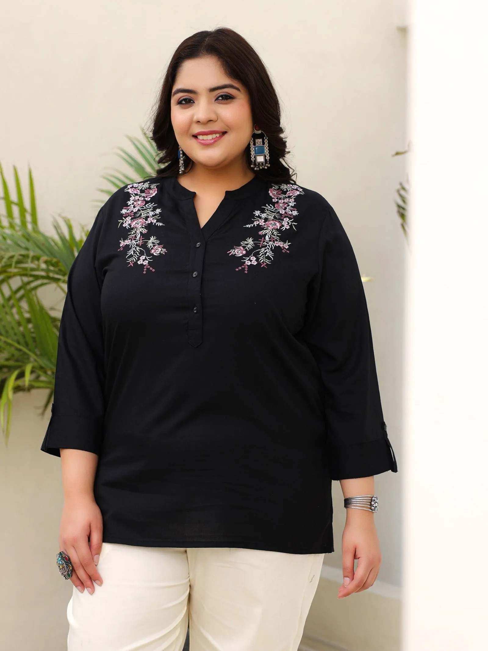 Jashvi Black Rayon Plus Size Tunic With Thread Embroidery