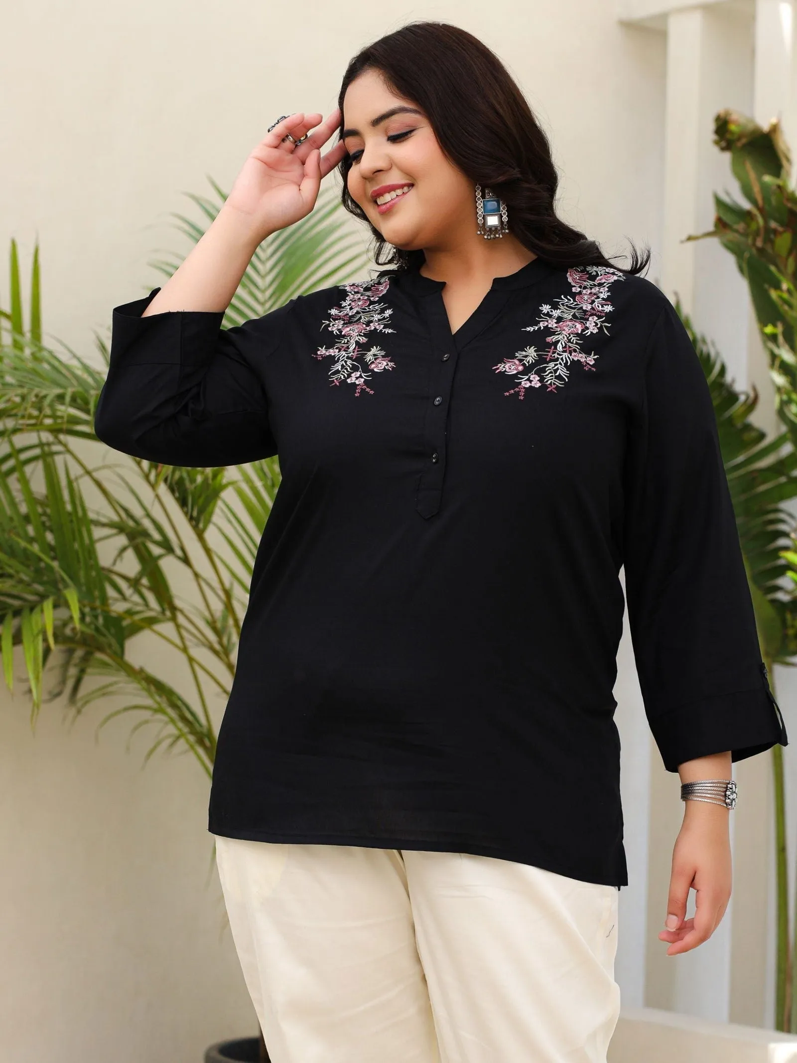 Jashvi Black Rayon Plus Size Tunic With Thread Embroidery
