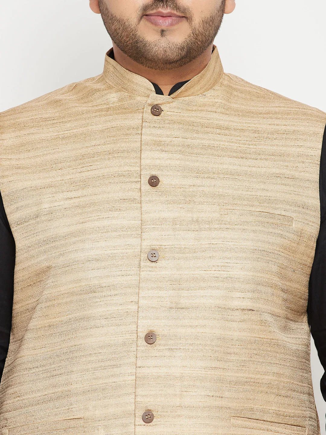 Jashvi Men's Plus Size Black and Beige Cotton Blend Jacket Kurta Pyjama Set