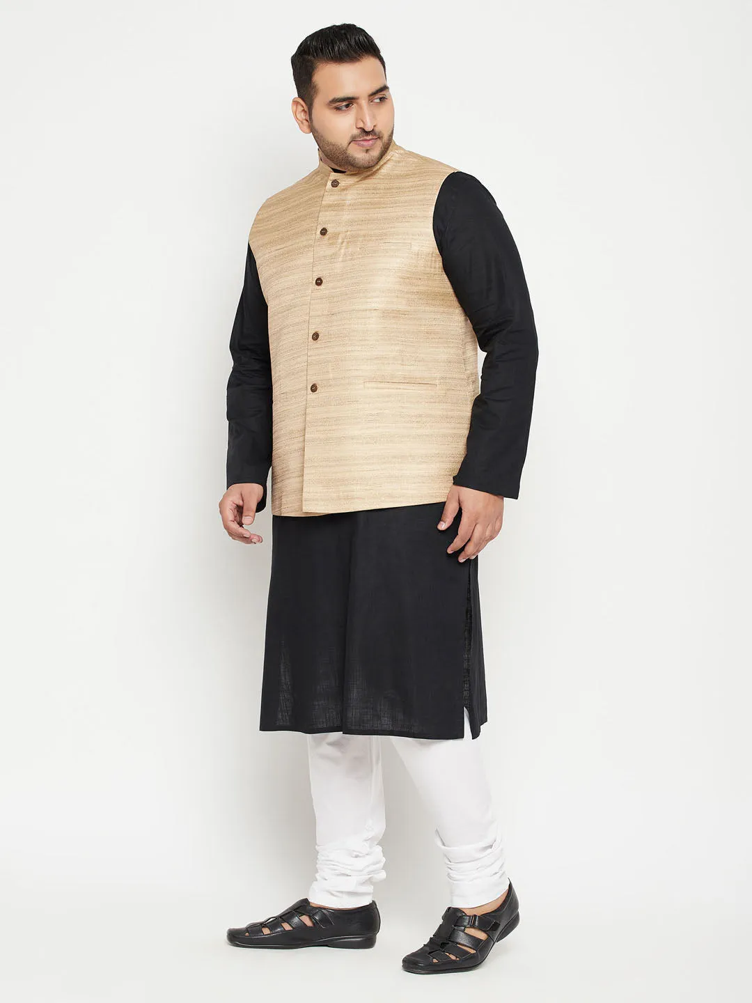Jashvi Men's Plus Size Black and Beige Cotton Blend Jacket Kurta Pyjama Set