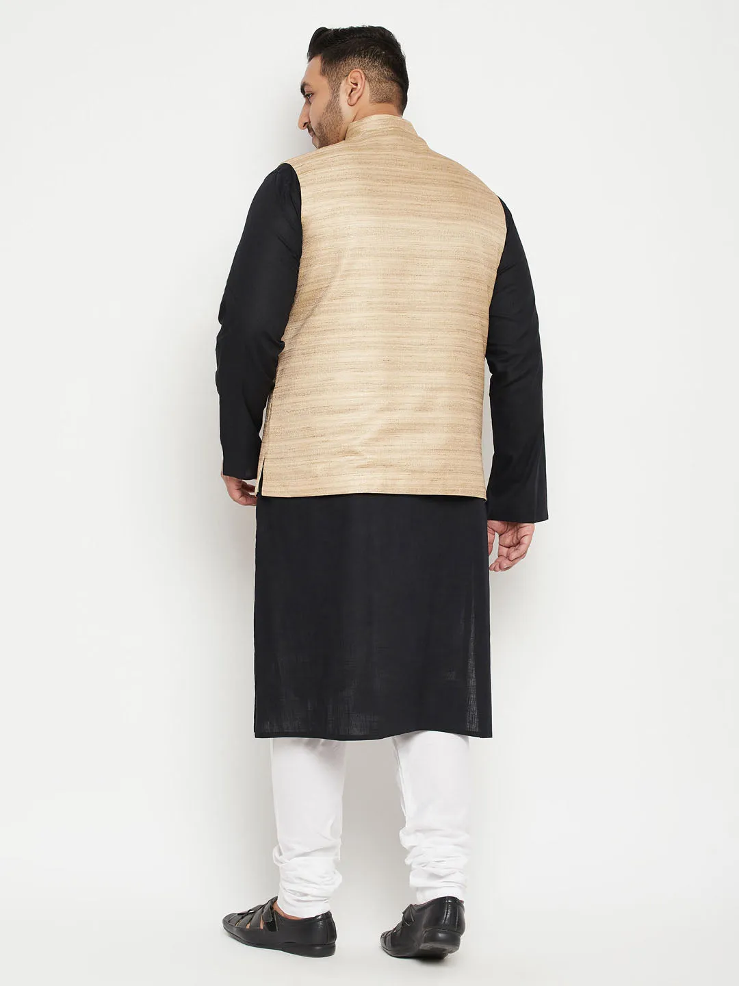 Jashvi Men's Plus Size Black and Beige Cotton Blend Jacket Kurta Pyjama Set