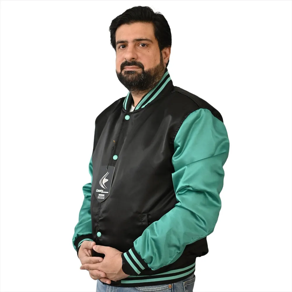 Ladies Varsity Jacket Black Turquoise Satin Jacket Letterman Jacket