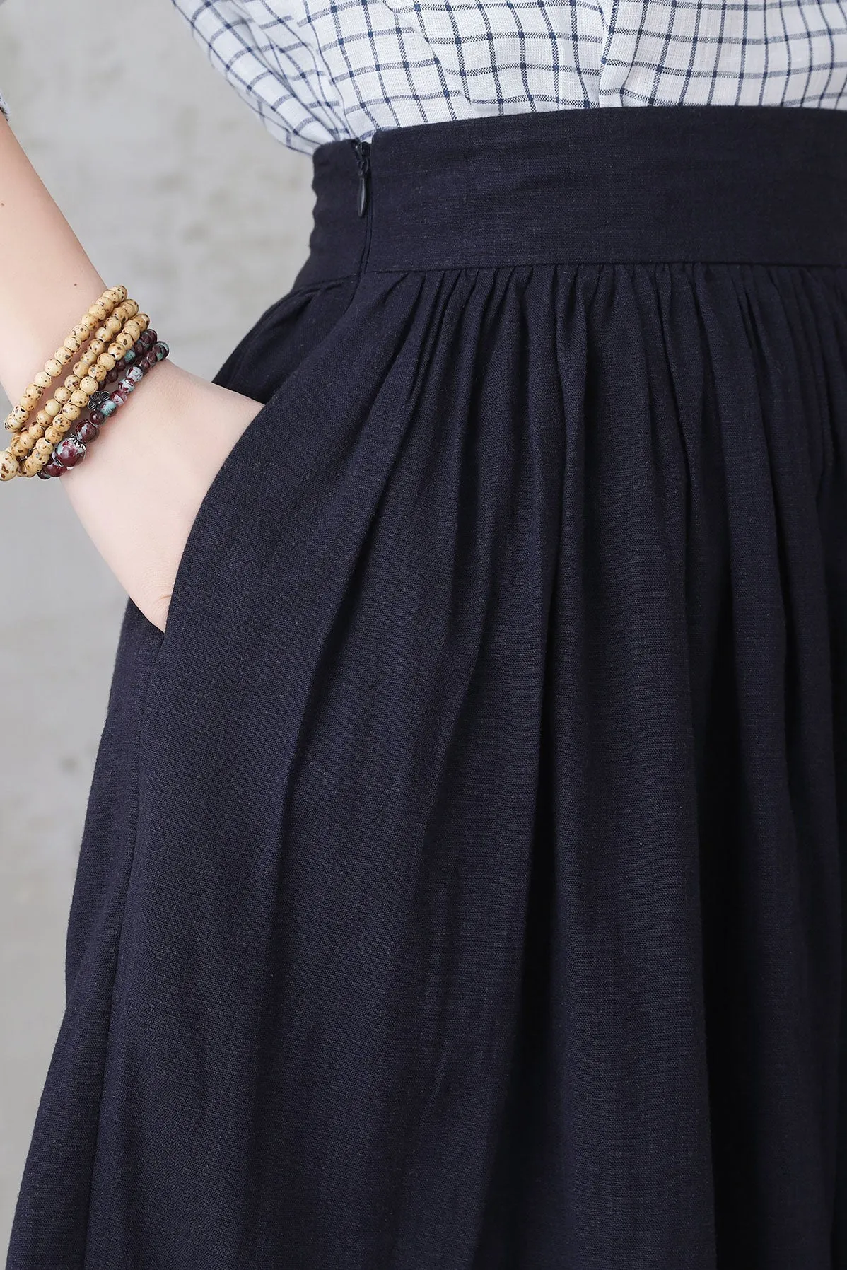 Layered Pleated Linen Midi Skirt 3306，Size XS CK2200373