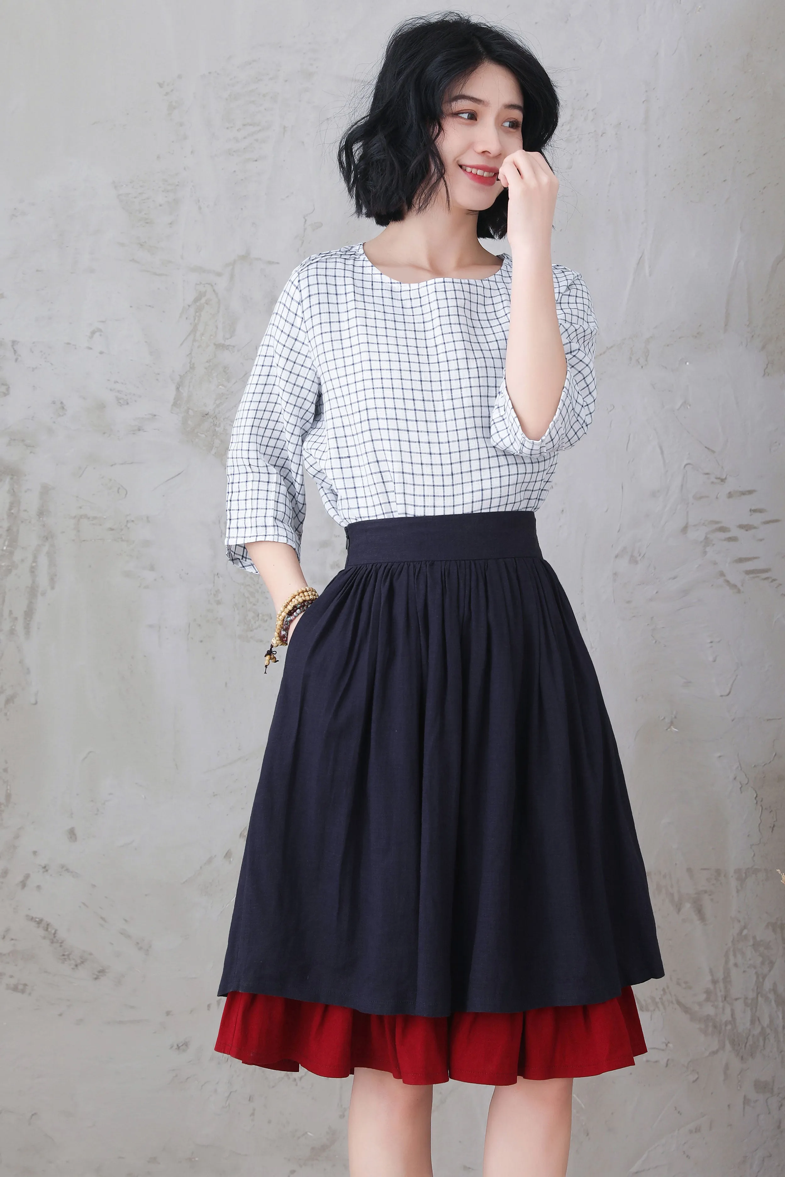 Layered Pleated Linen Midi Skirt 3306，Size XS CK2200373