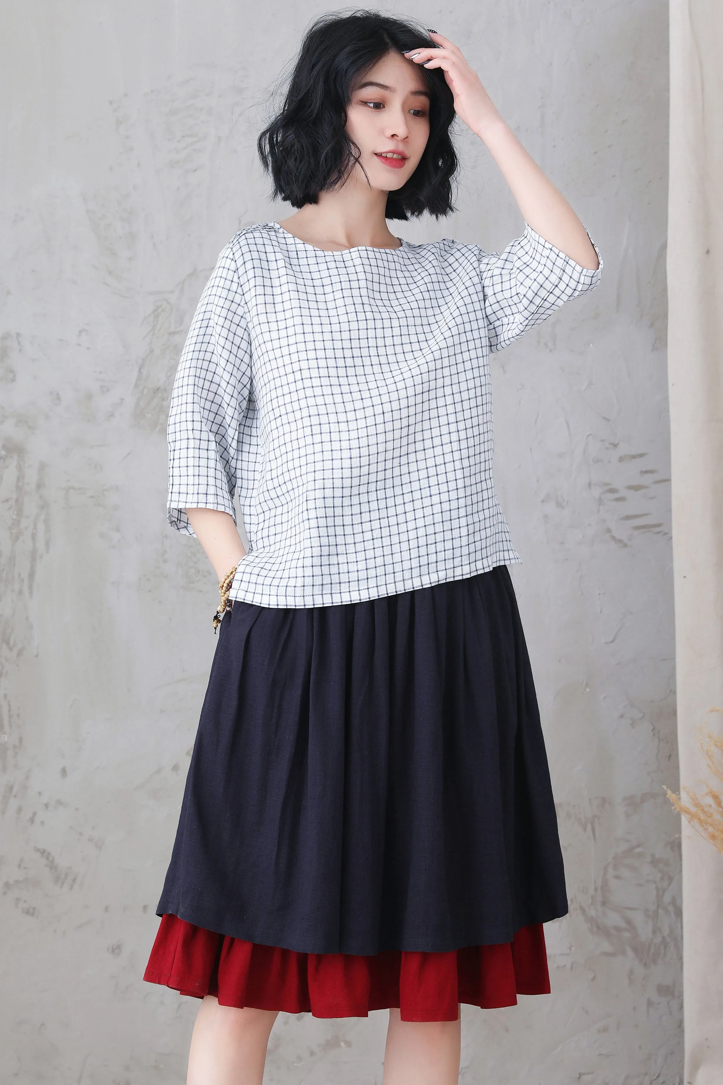 Layered Pleated Linen Midi Skirt 3306，Size XS CK2200373