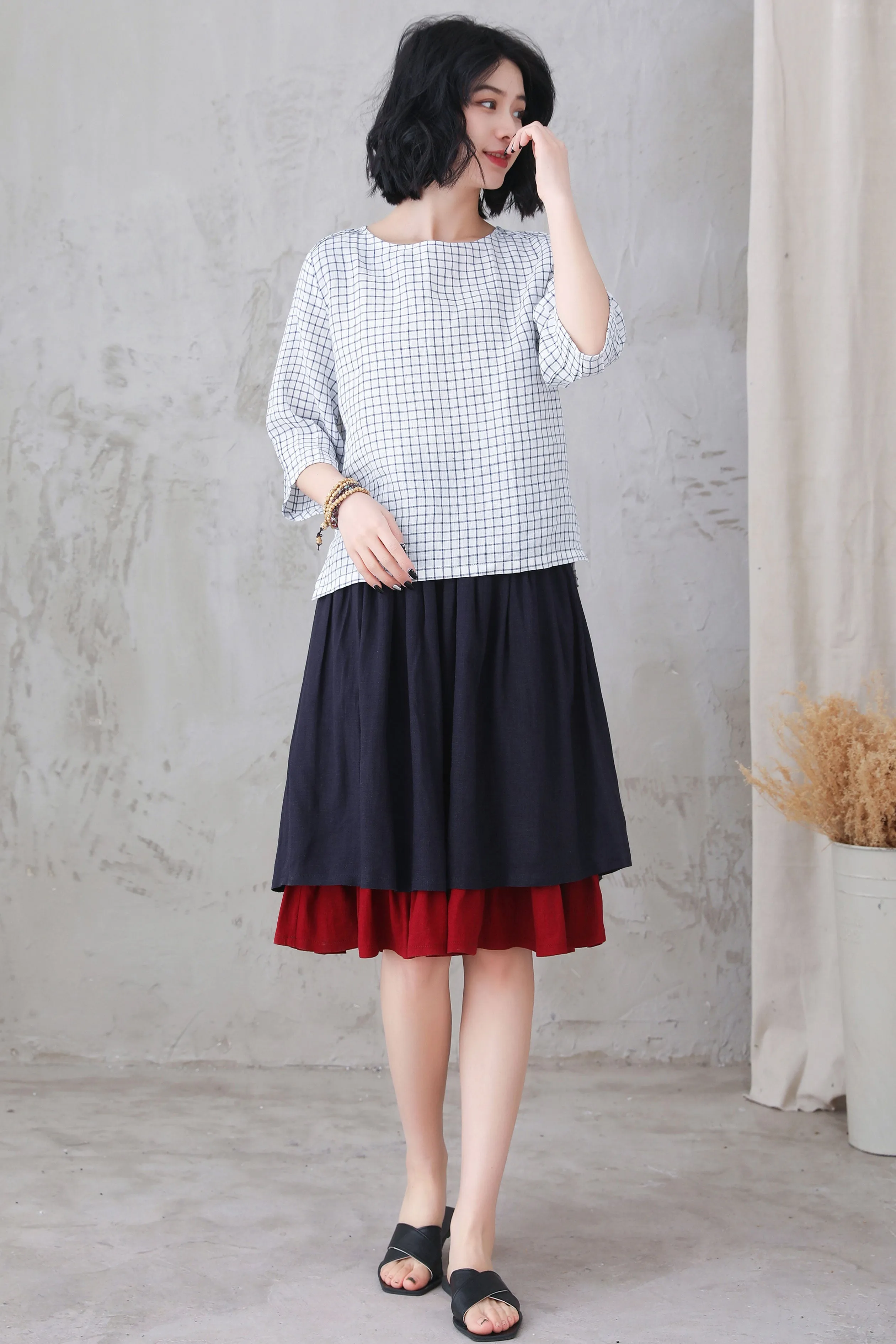 Layered Pleated Linen Midi Skirt 3306，Size XS CK2200373