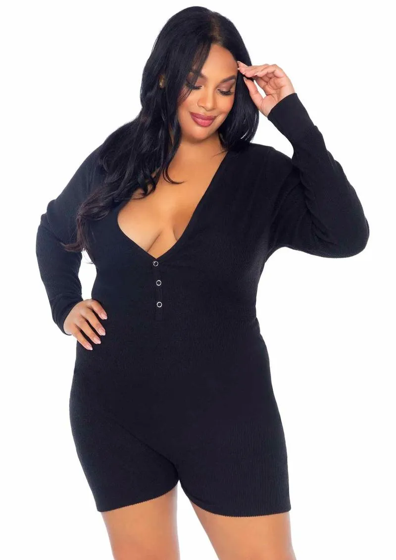 Leg Avenue Brushed Rib Romper Long Johns with Cheeky Snap Closure Back Flap