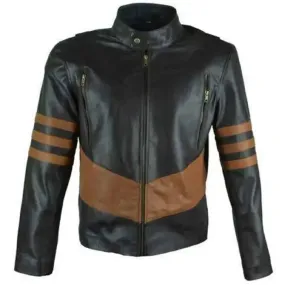 Men's Black Café Racer Leather Jacket with Brown Stripes