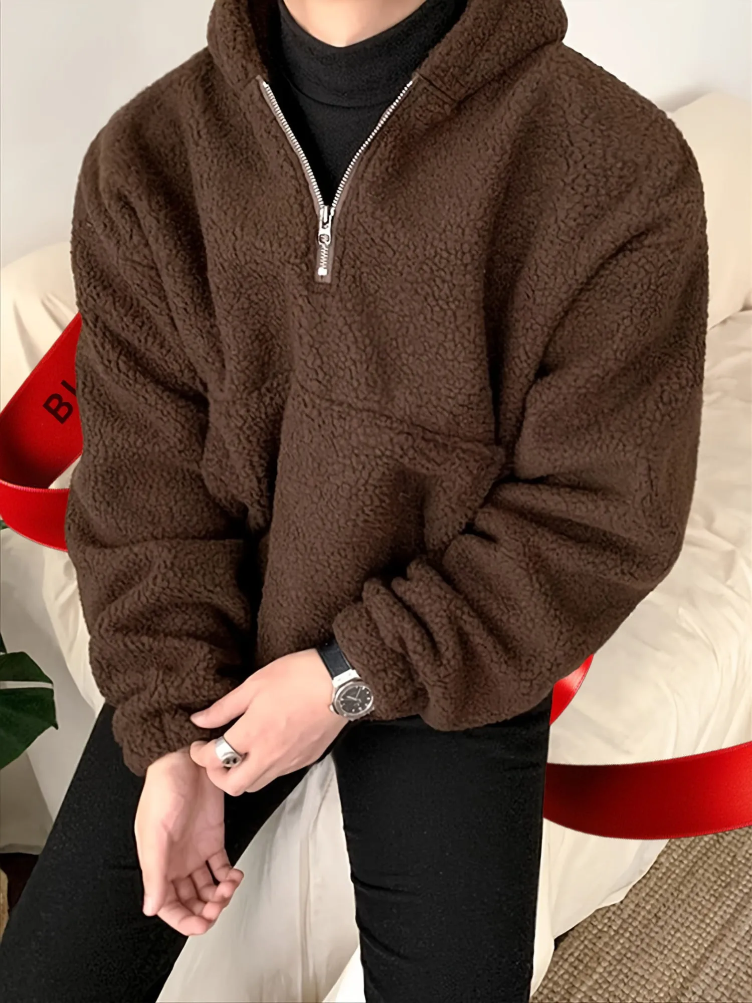 Men's Plush Fleece Hoodie - Casual Zip-Up Long Sleeve Pullover, Warm & Stylish for Fall/Winter