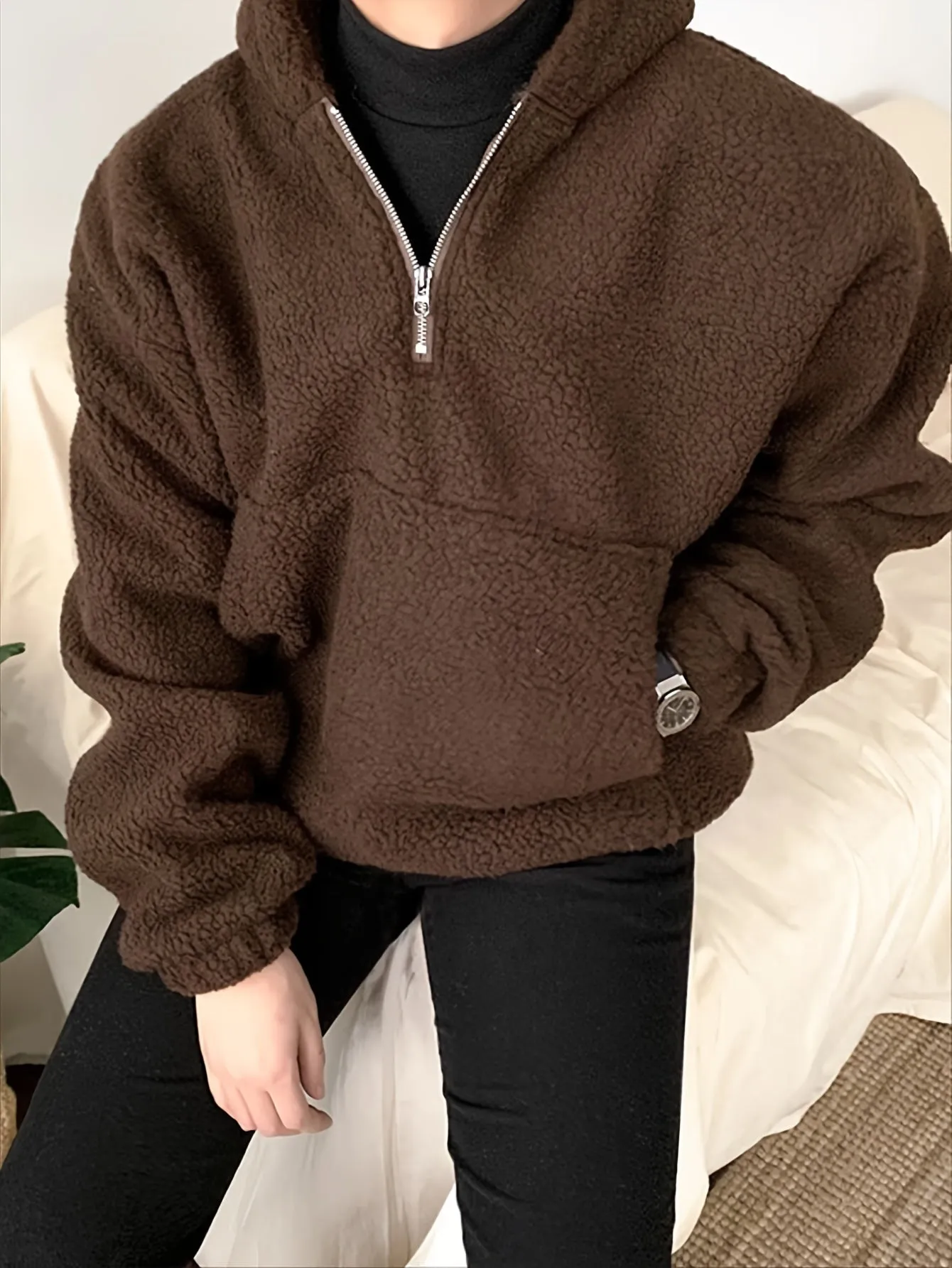 Men's Plush Fleece Hoodie - Casual Zip-Up Long Sleeve Pullover, Warm & Stylish for Fall/Winter