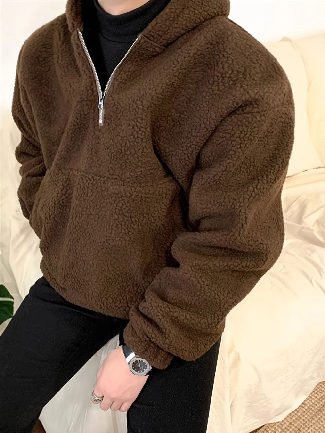 Men's Plush Fleece Hoodie - Casual Zip-Up Long Sleeve Pullover, Warm & Stylish for Fall/Winter
