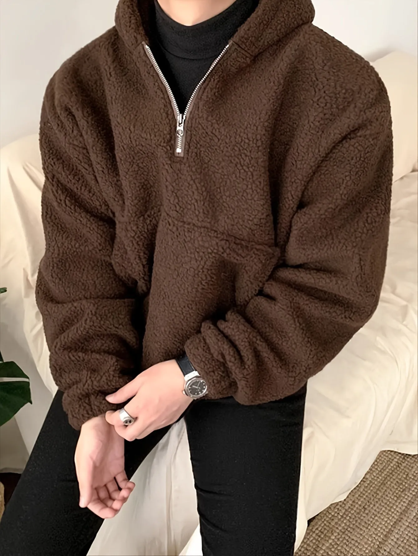 Men's Plush Fleece Hoodie - Casual Zip-Up Long Sleeve Pullover, Warm & Stylish for Fall/Winter