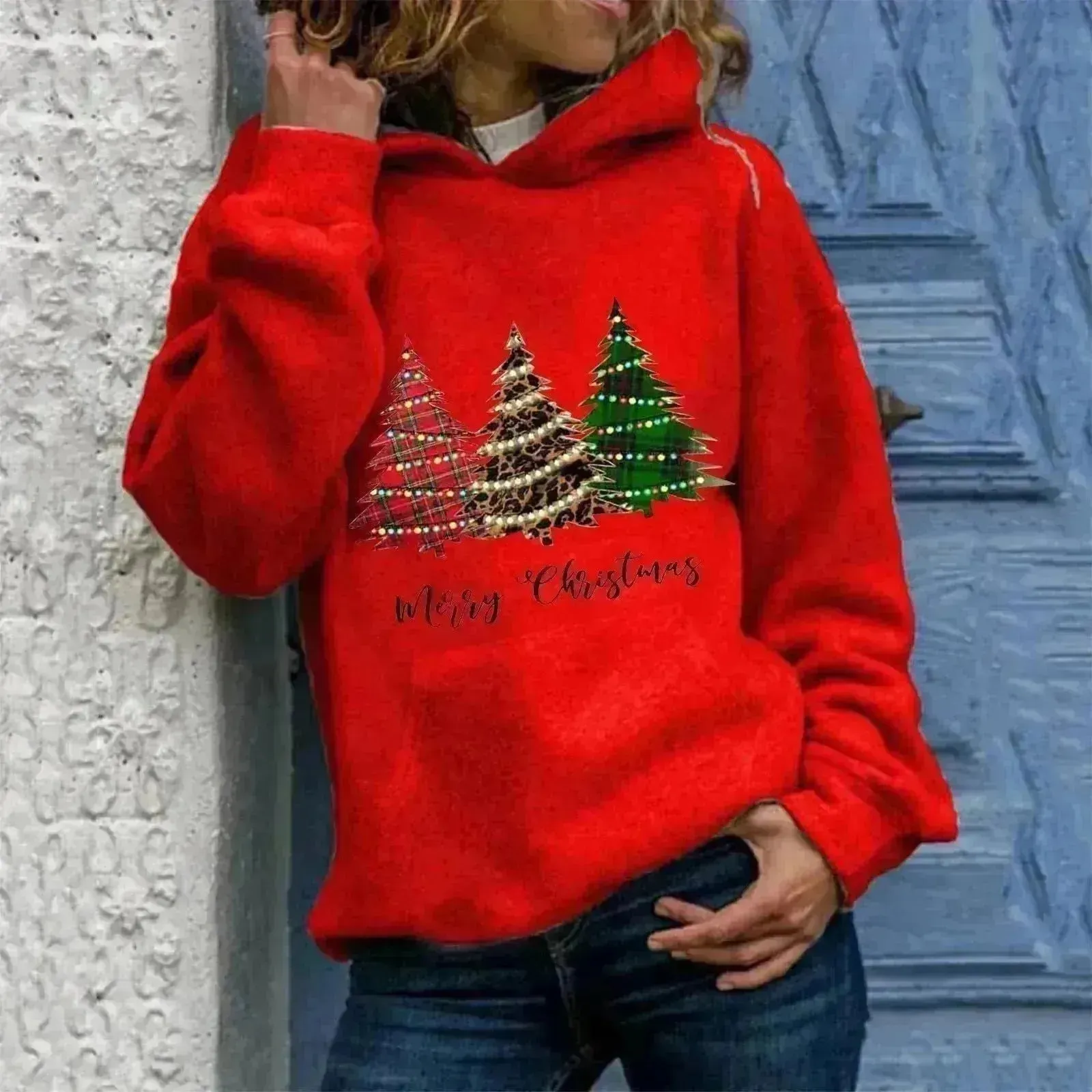 Merry Christmas tree Cashmere hoodie sweater loose top