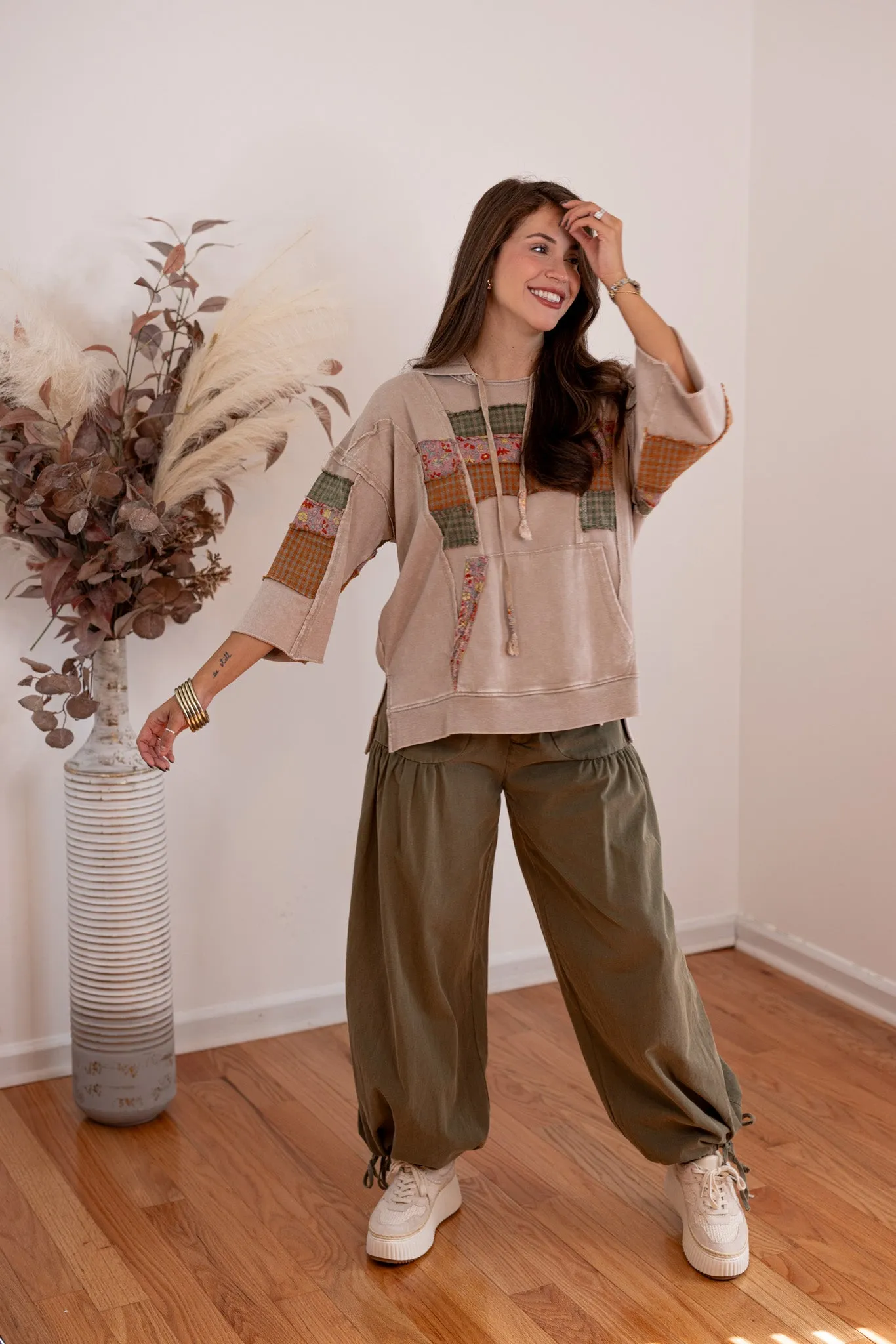 Patchwork Trends Washed Taupe Hoodie