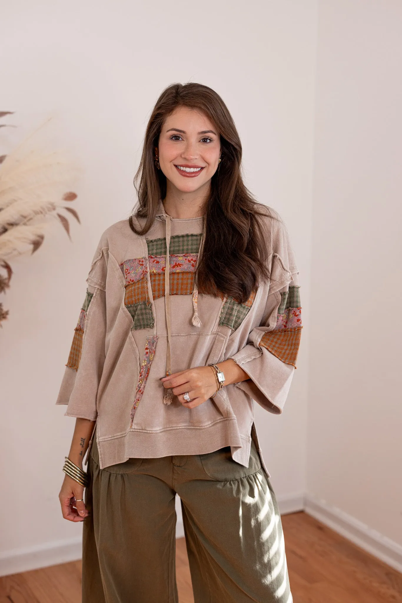 Patchwork Trends Washed Taupe Hoodie