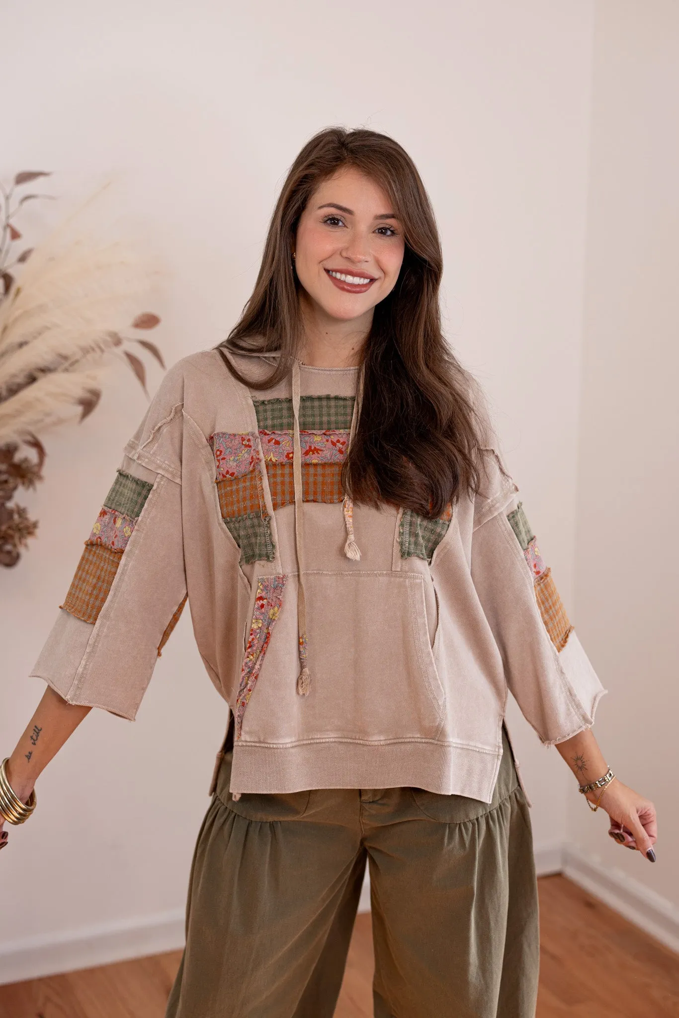 Patchwork Trends Washed Taupe Hoodie