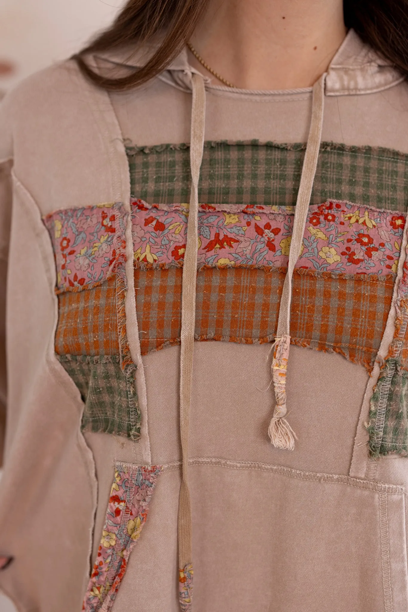 Patchwork Trends Washed Taupe Hoodie