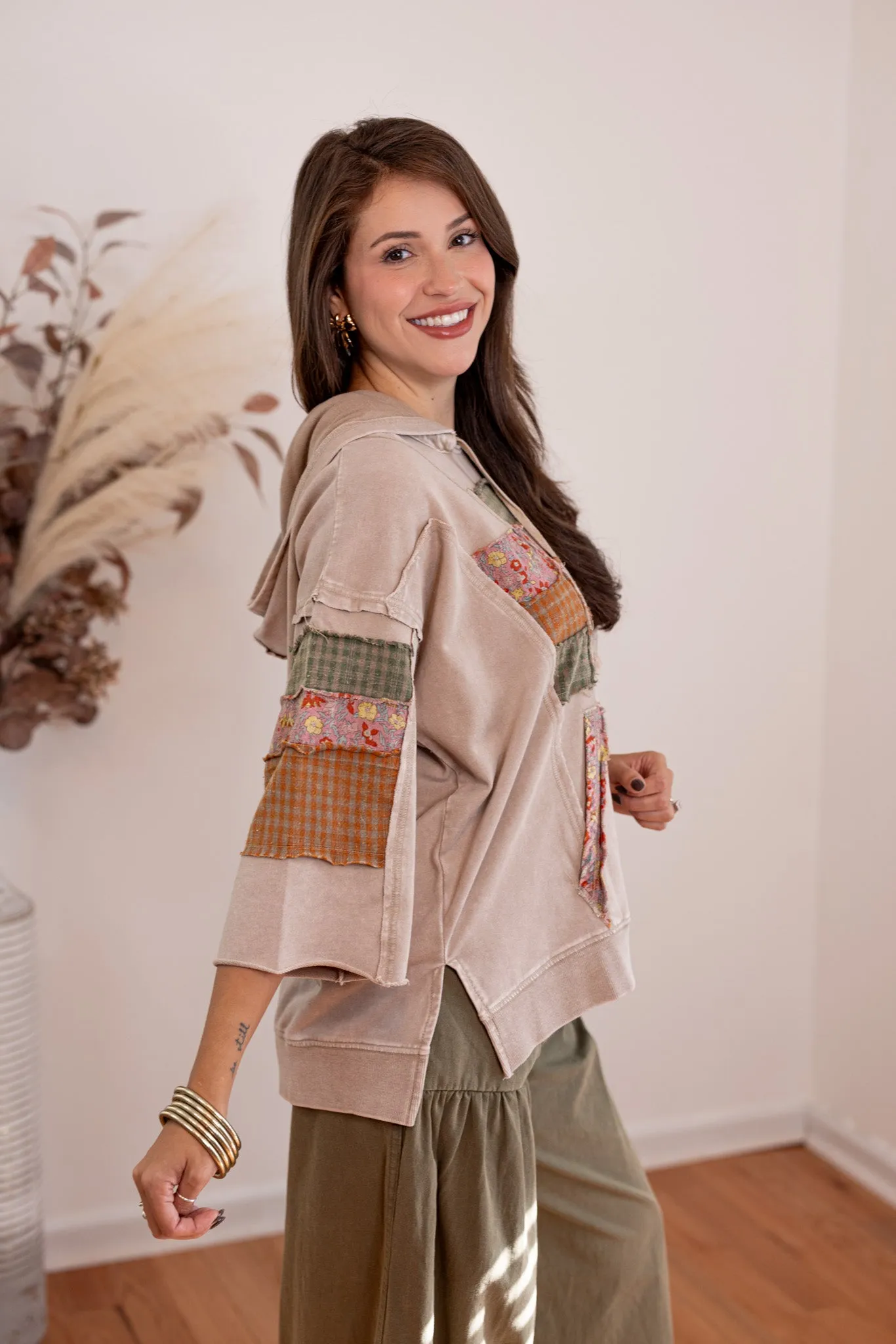 Patchwork Trends Washed Taupe Hoodie