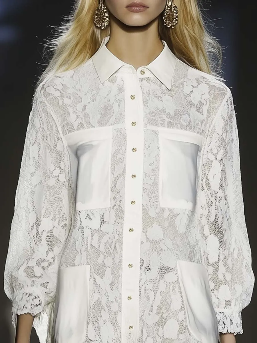 Personality and Fashion White Lace Loose Shirt-style Midi Dress