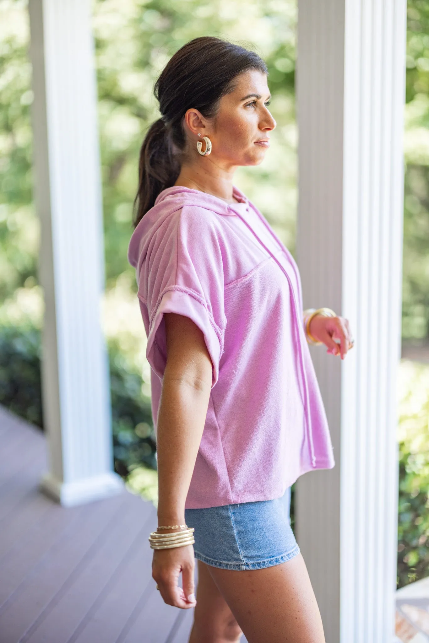 Pink Knit Short Sleeve Hoodie
