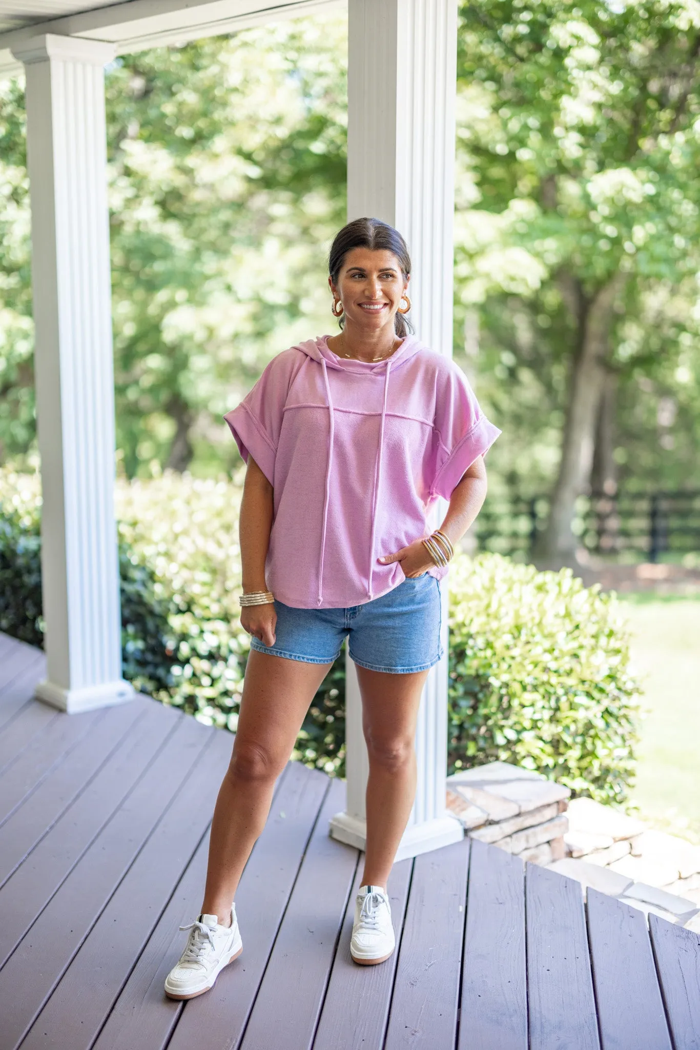 Pink Knit Short Sleeve Hoodie