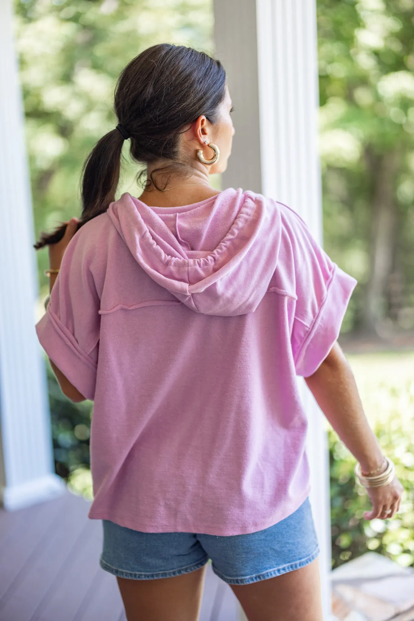 Pink Knit Short Sleeve Hoodie