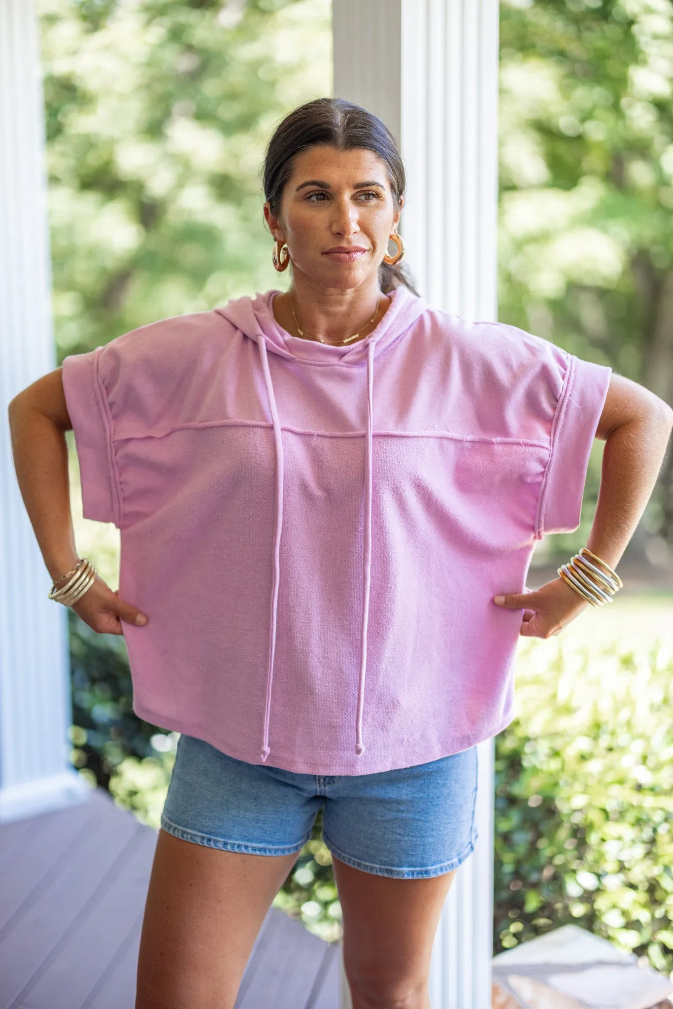 Pink Knit Short Sleeve Hoodie