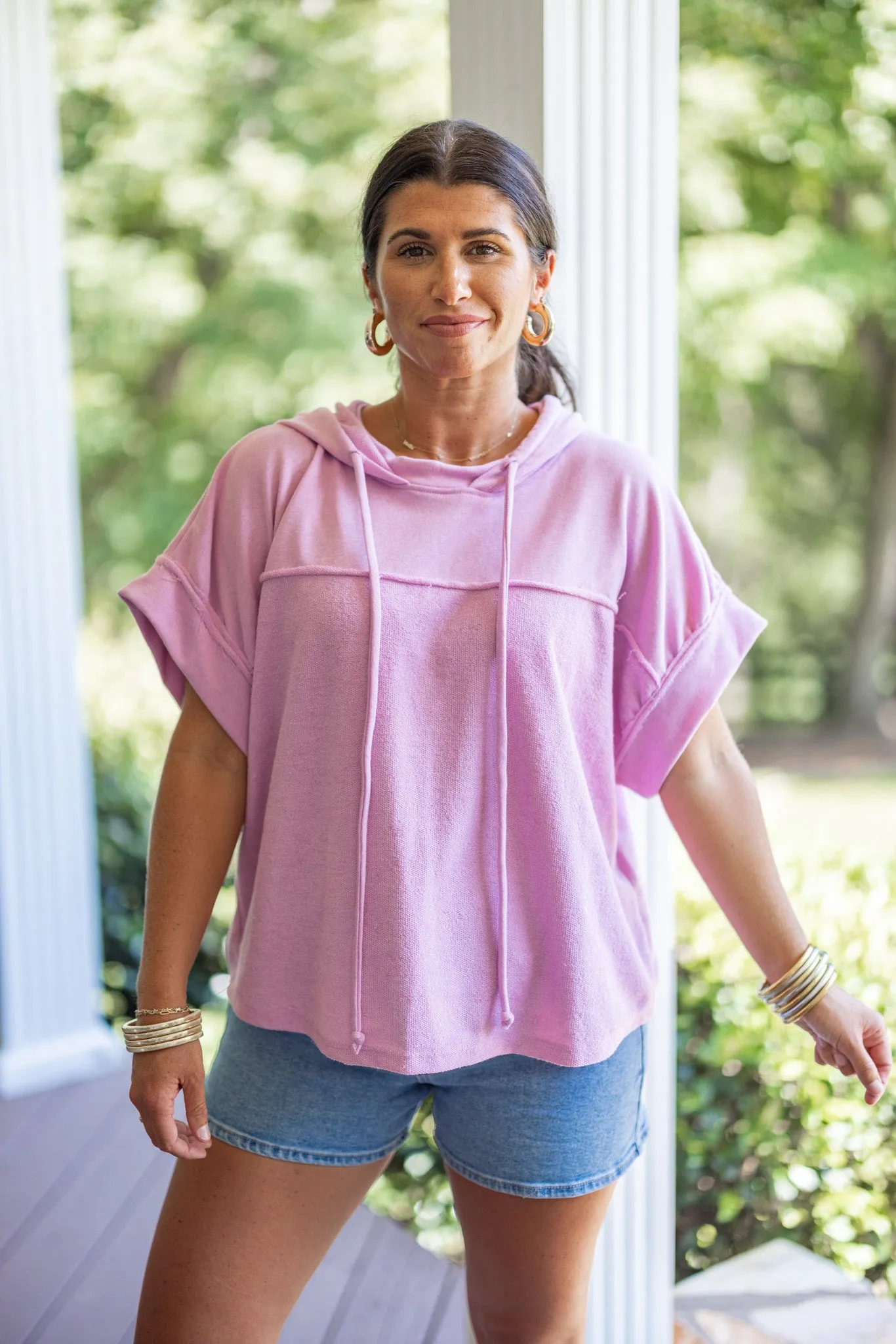 Pink Knit Short Sleeve Hoodie