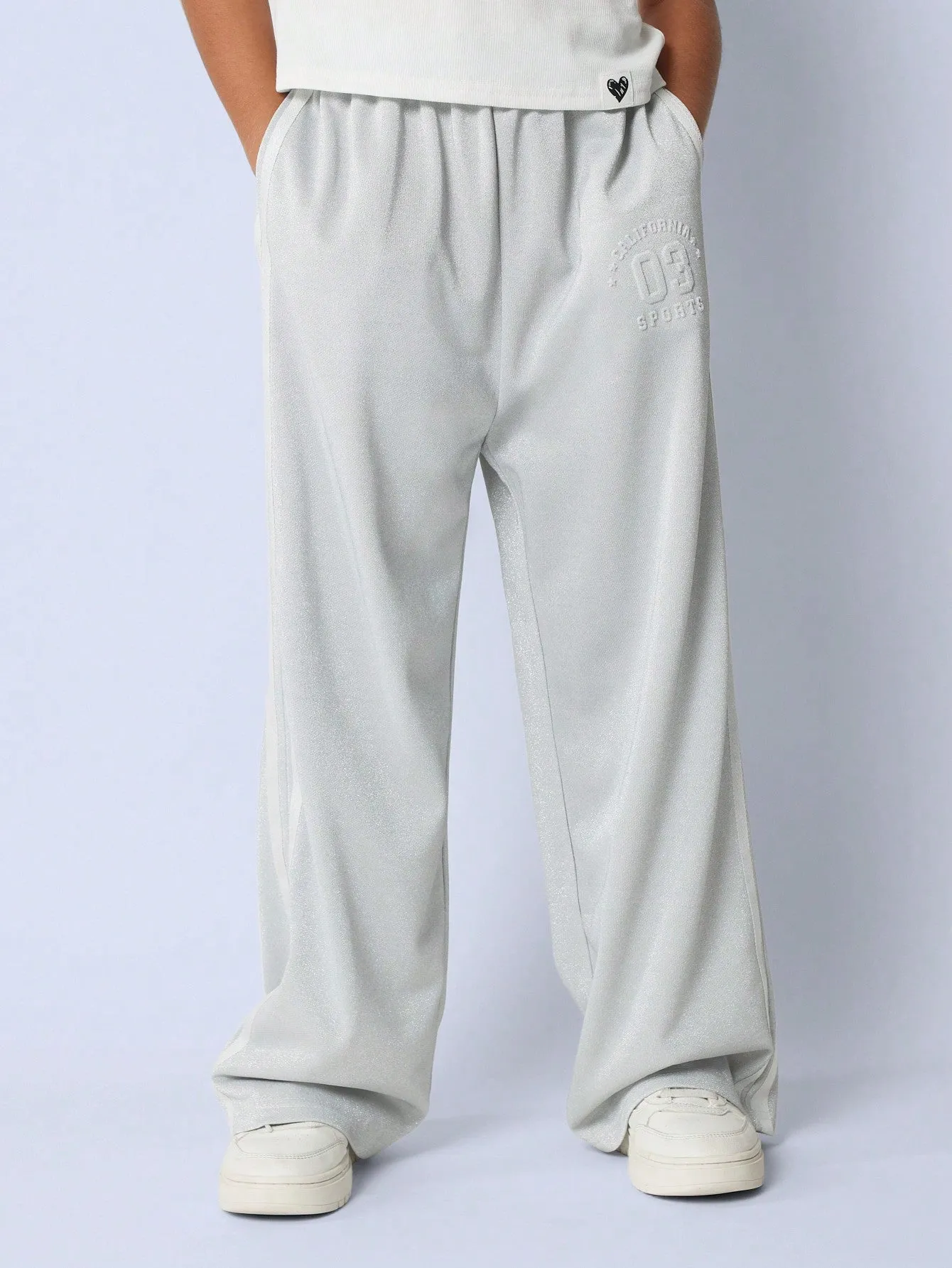 Tween Girls Comfy Wide Leg Glitter Puff Print Collegiate Sweatpants