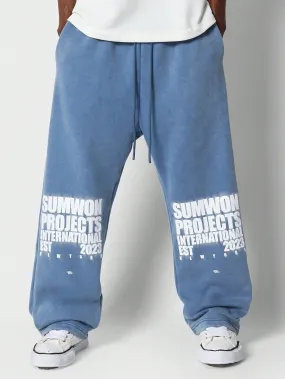 Washed Drop Crotch Sweatpants With Knee Letter Graphic Print